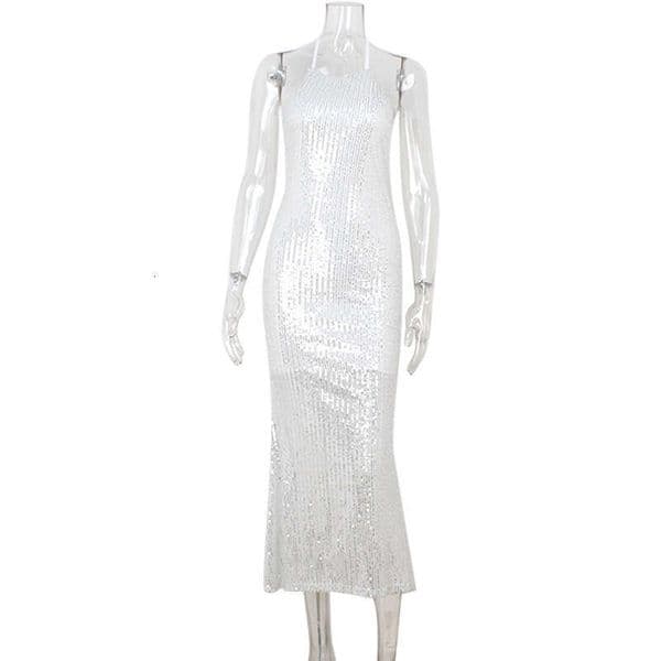Evening High-End European And American Women's Fashion New Sleeveless Halter Sequin Slim Dress