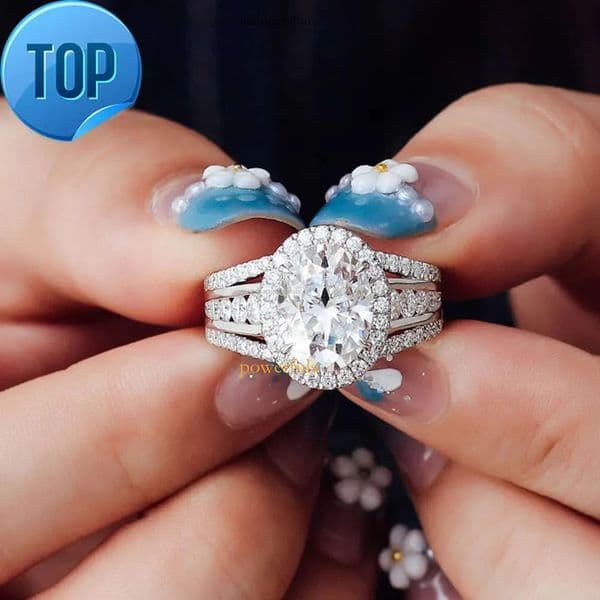 Oval Shape Cluster Dia Moissanite VVS DEF Wedding Rings With 3 rows Paved stones Sier 10K 14K Gold Engagement ring