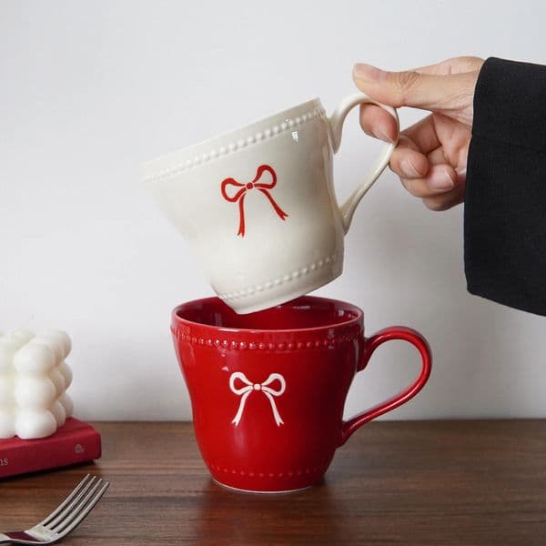 1Pc Bowknot Ceramic Mug Beaded Lace Exquisite and Simple Bowknot Mug Coffee Cup Suitable for Home Decoration Daily Breakfast Drinking Cup Afternoon Tea Coffe 260306