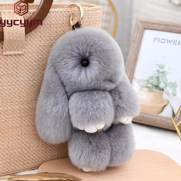 Fluffy Cute Bunny 18CM Real Fur Keychain Rex Rabbit Pom Gift Toy Doll Women Bag Pendant Charm Car Key Keyring Metal ring 260304