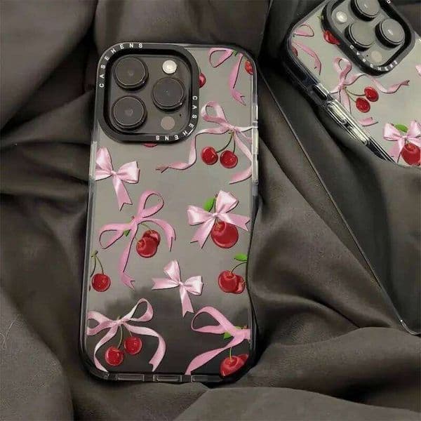 Ins Korean Lovely Bow Cherry Phone Case For iPhone 16 15 14 13 12 11 Pro Max XR XS MAX 7 8 MINI PLUS Y2K Shockproof Soft Cover H260305