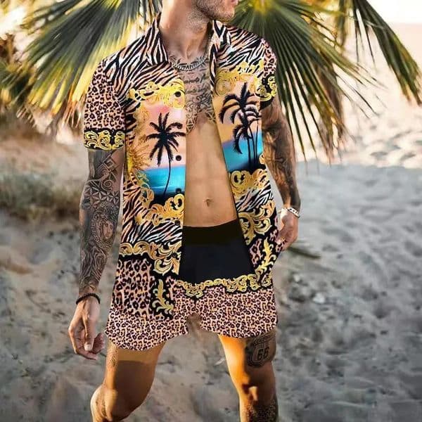 Summer Exquisite Mens Shirt Set Coconut Print Short Sleeve Top Leopard Shorts 2 Piece Hawaii Beach Fashion Clothing 260302BANJIA