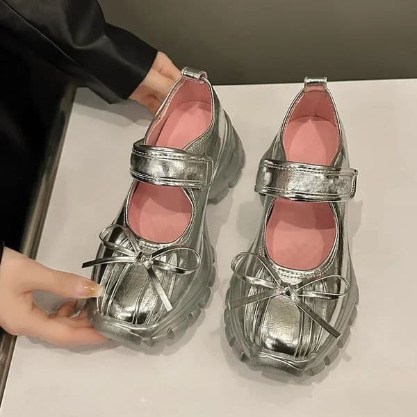 Women Casual Silver Platform Ballet Shoes Thick Sole Sneakers Summer Fashion Single Shoes Woman Platform Mary Jane Pumps 260306