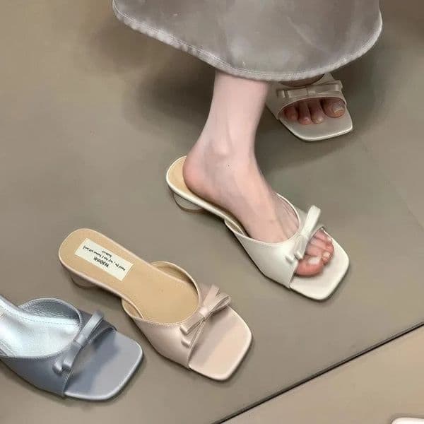 Slipper Mules Low High Heels Shoes Summer Street Look Females Square Head Open Toe Bow Strappy Sandals Women 260306