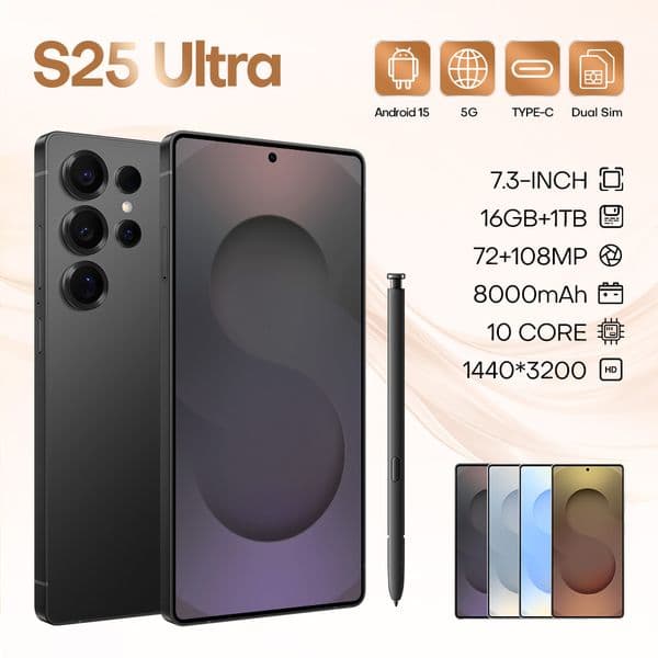 2026 New S25Ultra Snapdragon 8 Gen3 10-core 7.3-inch perforated screen resolution 1440*3200 Original 5G smartphone 72MP+108MP battery 8000mAh Android 15.0 fast