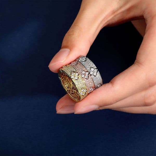European American INS Trendy Men and Women Micro Inlaid Starry Sky Micro-Paved Moissanite Ring 18K White Gold Four-Leaf Clover Personalized Hip-Hop Jewelry