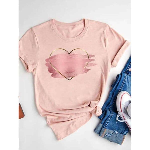Watercolor Love Heart Sweet Fashion Short Sleeve Print T Shirt Tee Basic Clothing Summer Top Graphic T-shirt Women Clothes XJ260306