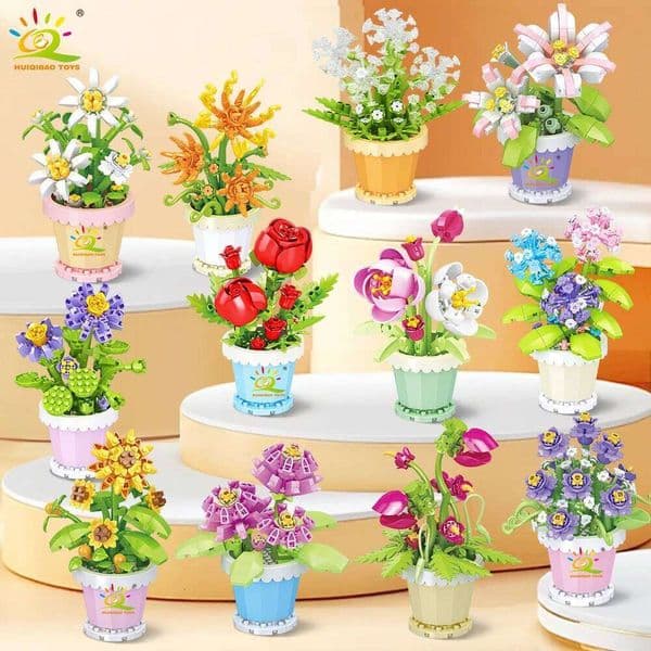 HUIQIBAO MOC Eternal Flower with Pot Micro Building Block DIY Sunflower Rose Bouquet Mini Model Brick Toy home Desk Decoration C260306