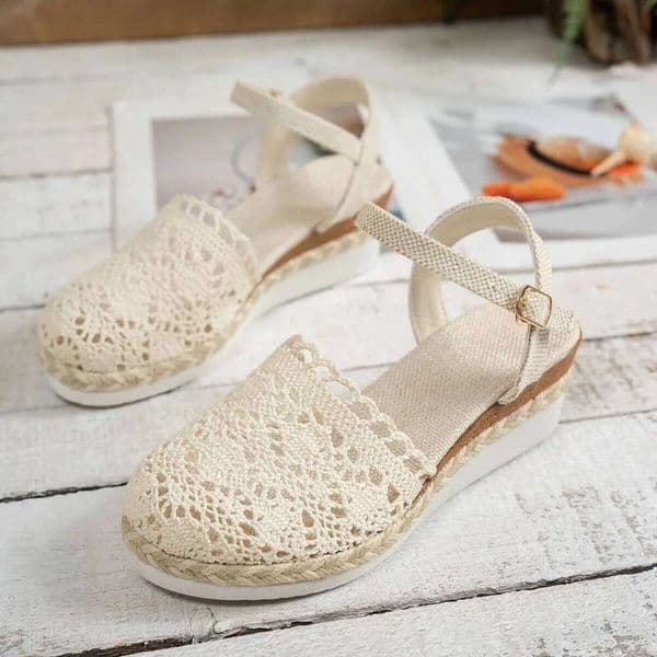 Hollow Fabric Roman Summer Travel Round Head Wedge Toe Fashion Sandals Comfortable Thick-sole Women's Shoes Size 36-43