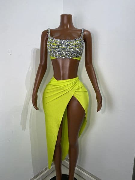 Women Tank Diamonds Crystal Green Blue Midi Split Skirt Set Birthday Party Costume Bar Nightclub Stage Performance Clothing 260306
