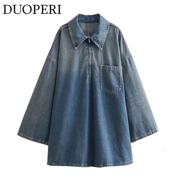 DUOPERI Women Fashion Solid Denim Dress Long Sleeves Female Chic Lady Casual Loose Short Dress 260306