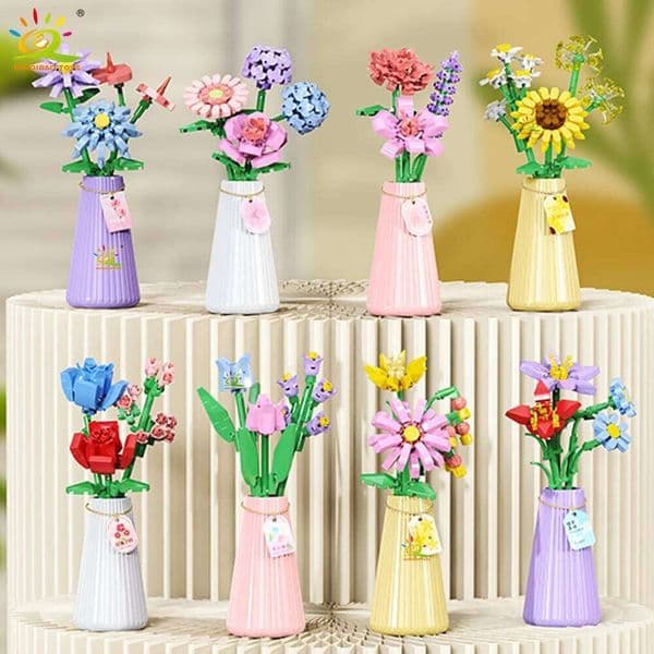 HUIQIBAO MOC Eternal Flower Bouquet with pot Micro Building Block Sunflower Rose Mini Model Brick Toy home Desk Decoration C260306