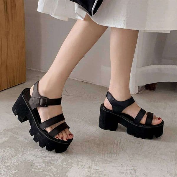 Gdgydh Women's Black Platform Sandals Comfy Open Toe Chunky Heel Buckle Strap Fashion Casual Solid Color School Shoes