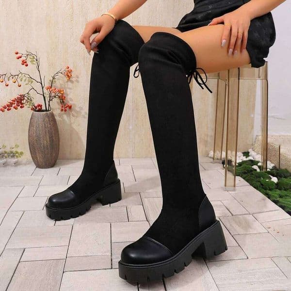 Women Winter Black Over The Knee New Comfort Lace Up Chunky High Heels Shoes Fashion Warm Round Toe Long Tube Boots