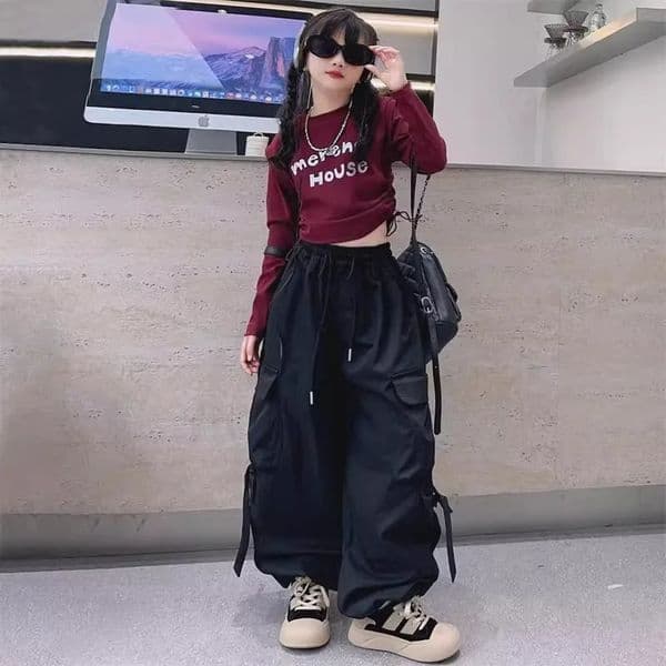 1pc summer teens tracksuit hip hop dancer Girls cloth bottom loose long wide leg Cargo pant Kid 4 5 6 7 8 9 10 11 12 year 260306