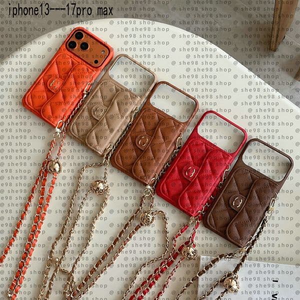 For iPhone 17 15 Pro Max Cases Women Crossbody Phone Case Leather Quilted Designer iPhone Case Apple iPhone14 Pro Max 13 Wallet Card Holder Cases Cover Shoulder Chain