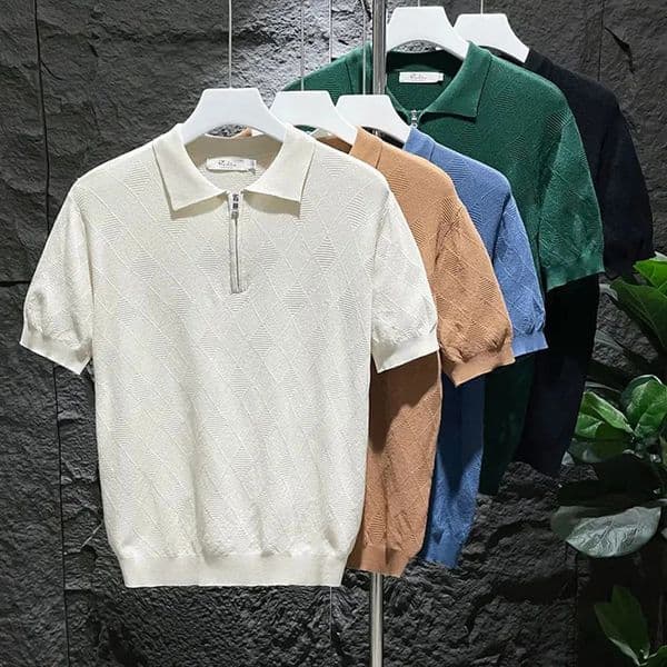 Mens T-Shirt Summer Polo Shirt Ice Silk Daily Solid Grid Veins Classic Retro Short Sleeve Slim Fit Mens Trendy Tops 260305