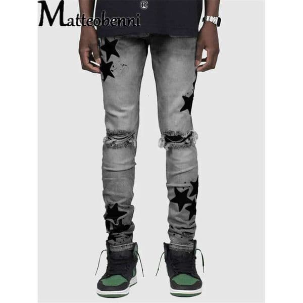 Vintage Star Print Stretch Punk Style Ripped Jeans Men's Streetwear Fashion Pocket Male Youth Daily Casual Denim Pencil Pants W260307