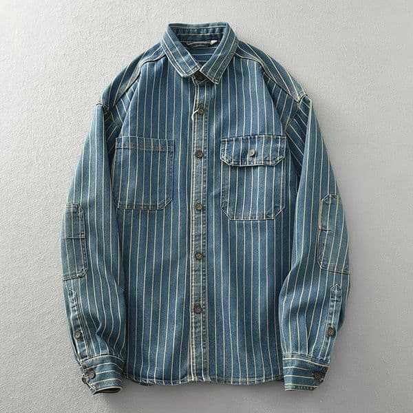 Heavy vintage washed vertical stripe denim shirt mens loose size cotton long sleeve shirt jacket 260227BJ