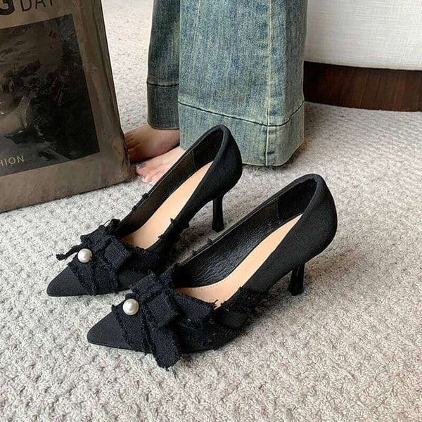 High heels, single shoes, women's pointed bow, pearl, shallow mouth, slim heel, elegant banquet, hundred matching dresses