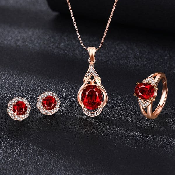 Design Female Silver Color Inlaid Ruby Oval Open Ring Earrings Elegant Luxury 14K rose Gold Purple gold color Women Wedding Jewelry set