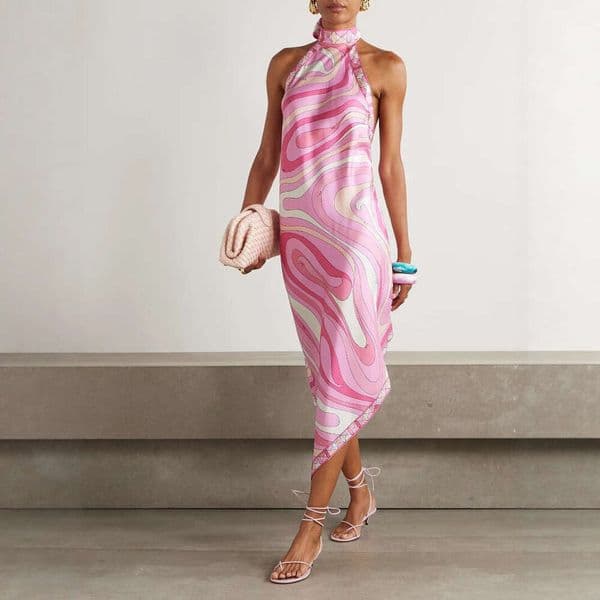 New Summer European and American Sexy Halter Neck Backless Printed Satin Vacation Beach Dress for Women