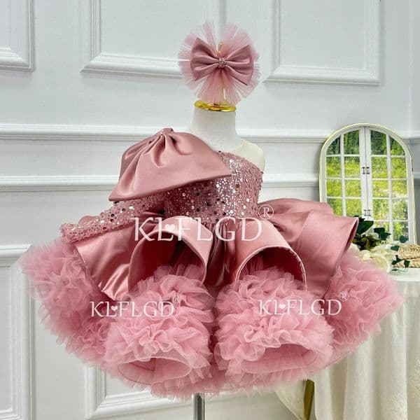 KLFLGDGorgeous and elegant girls dress satin bow girls high-end party evening dress exquisite baby girl one-year-old clothing 260304