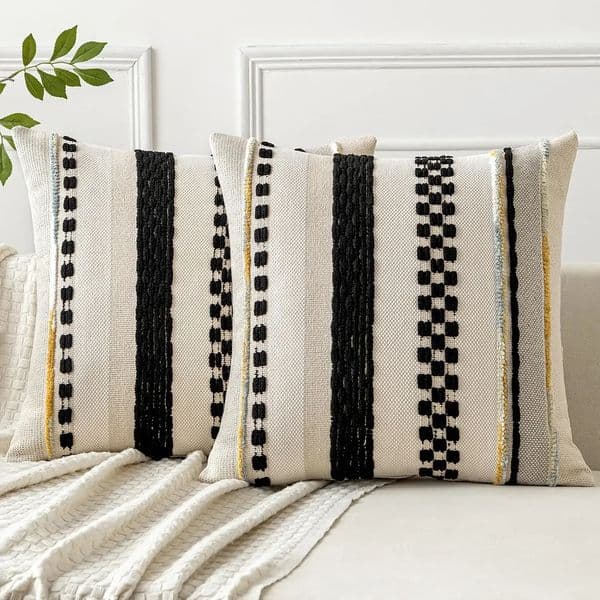 Black Boho Throw Pillow Covers 18x18 Inch Cushion Cases Multicolor Striped Chenille Pillow Covers Accent Pillowcase for Sofa 260306