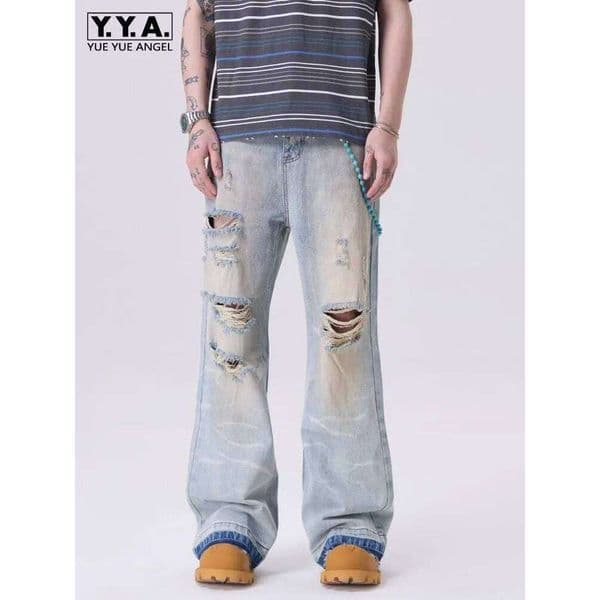 High Street Mens Hole Ripped Baggy Vintage Casual Hip Hop Loose Fit Jeans Autumn Washed Cowboy Long Straight Denim Pants H260306