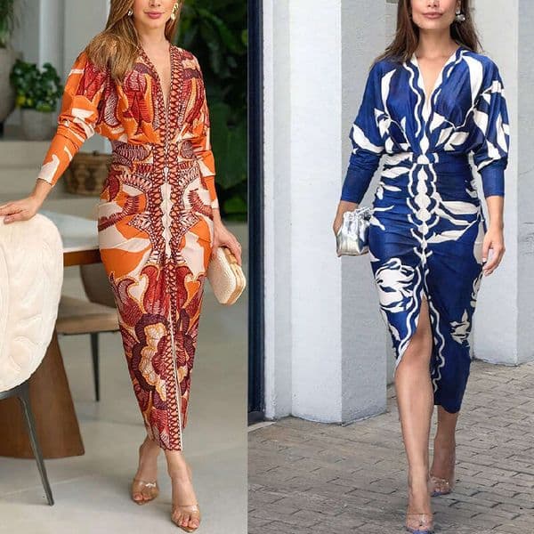 Cross-border independent website European and American foreign trade women's clothing Amazon printed sexy V-neck long-sleeve slit dress for women