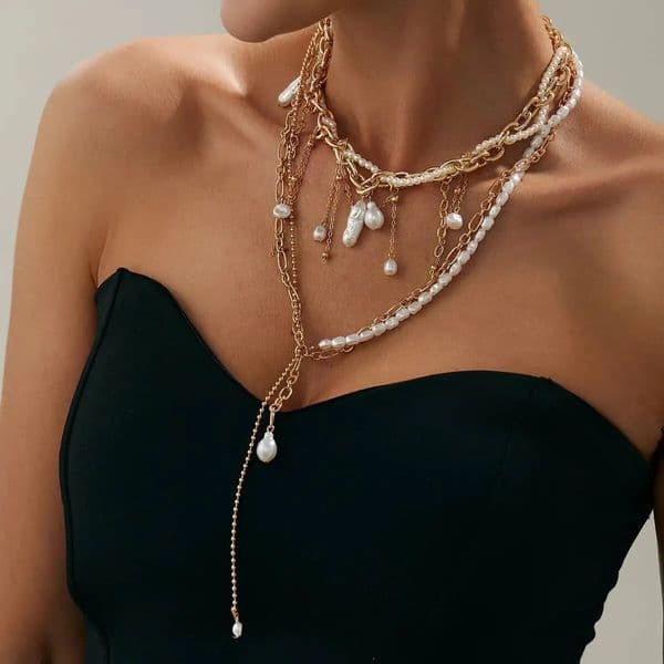 2Pcs/Set Bohemia Imitation Pearl Long Tassel Pendant Choker Necklace for Women Sexy Chest Chain Wedding Neck Jewelry 260306