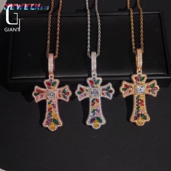 Moissanite Colorful S925 Cross Necklaces Pendant Customizable Jewelry Cuban Link Copper VVS MoissaniteVVS Pendant Hip Hop Men Accessories
