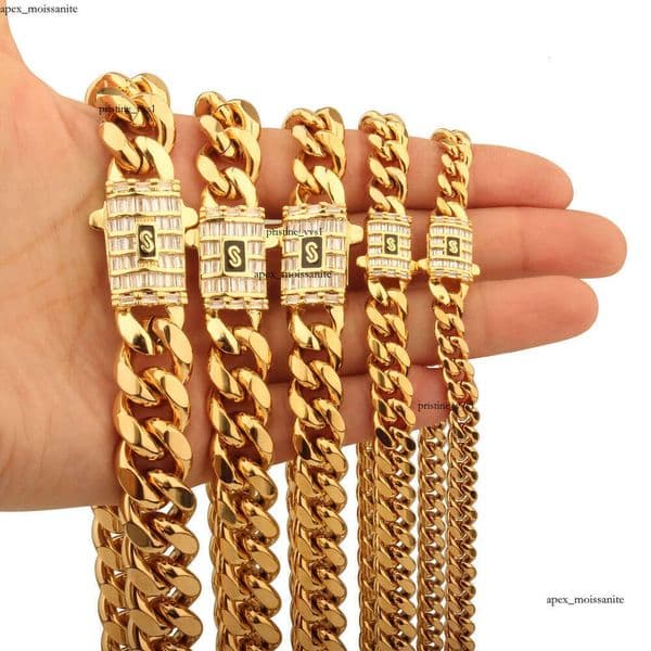 6mm-14mm Hip Hop Stainless Steel Miami Cuban Link Chain 18K Real Gold Plated T Zircon Clasp Mens Necklace Jewelry