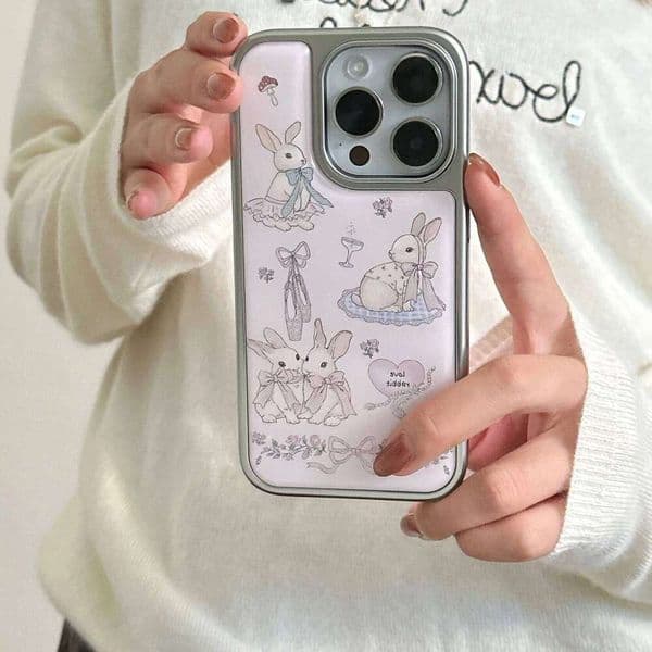 Korean Trendy Niche High-end Silver Edged Pink Bow Rabbit Phone Case For iPhone 17 16 15 14Pro Max 11 12 13 78PLUS XR Soft Cover H260305