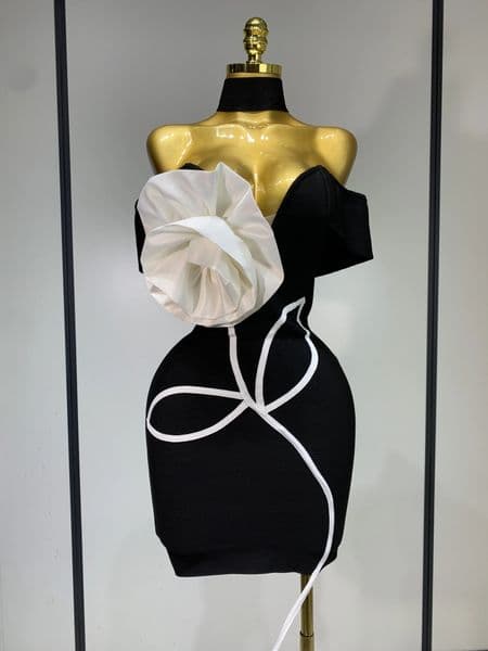 Women Sexy Off Shoulder White Flower Black Mini Bodycon Bandage Dress 2025 Celebrity Evening Club Elegant Party Gowns 260305