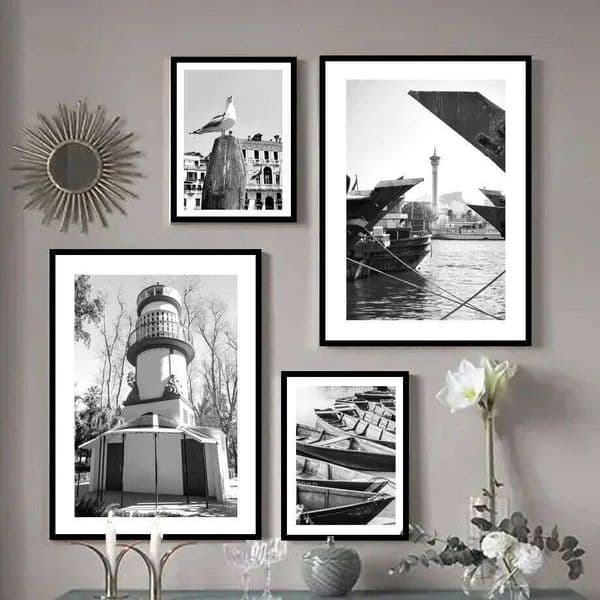 A4 6 7 8inch With Canvas Painting Black And White Beach Mushroom Boat Bird Flowers Wall Art Combination Photo Frame H260306