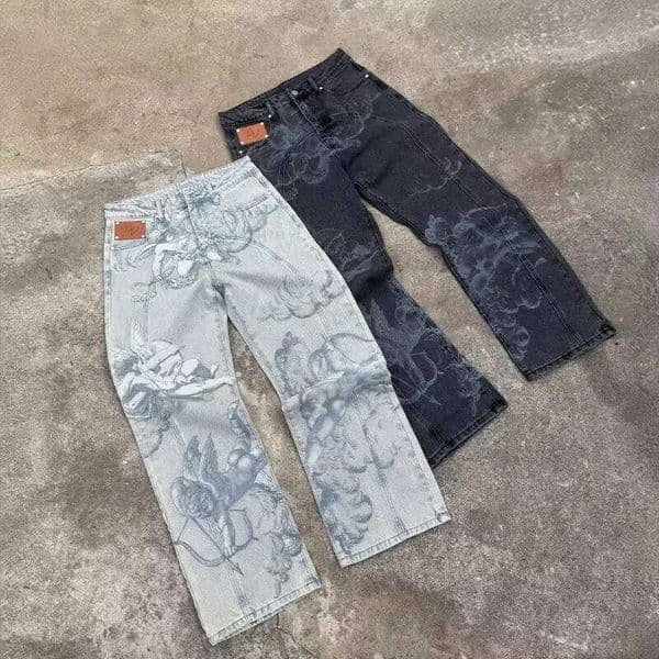 Y2k Retro Baggy Trendy Cupid Angel Pattern Men Women Pants American Hip Hop Streetwear Unisex Casual Straight Leg Jeans W260307