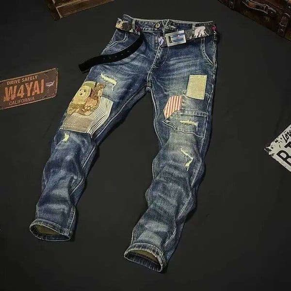 Autumn and Winter 2025 Fashion Heavy Industry Embroidery Denim Patch Trend Casual Splicing Sticker Cargo Pants Men Graphic Jeans W260307