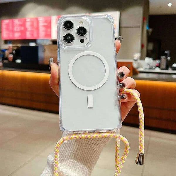 Shockproof Transparent Magnetic Case for iPhone 16 15 13 11 14 12 Pro Max Wireless Charging Diagonal Hanging Rope Protect Cover H260305