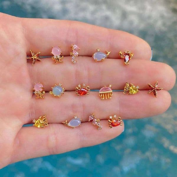 2PCS Mini Ocean Series Animal Small Stud Earrings for Women Multicolor Zircon Marine Lobster Crab Ear Studs Piercing Jewelry H260309