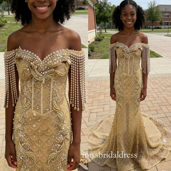 Champagne 2026 Mermaid Prom Dress Pearls Crystals Appliques Evening For Black Women Birthday Party Formal Receiption Gowns Dresses Zj076 D0309