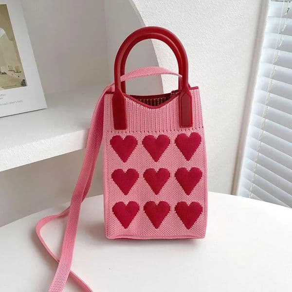 Korean Fashion Heart Knitted Mini Square Handbag for Women Small Mobile Phone Shoulder Bags Girls Cute Outdoor Crossbody Bags260302BJ