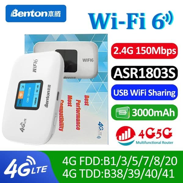 Benton Plug Play Portable WiFi 4G Router WiFi6 150Mbps 3000mAh Battery USB Pocket Router for Asia Europe Africa Middle East 260302