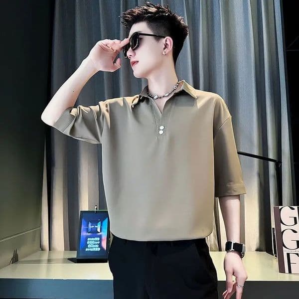 Ice Silk Black Half-sleeved Plain Male Polo Shirts Fashion Kpop Chic Stylish Mens Clothing Mens with Collar T-shirt Trend 260304