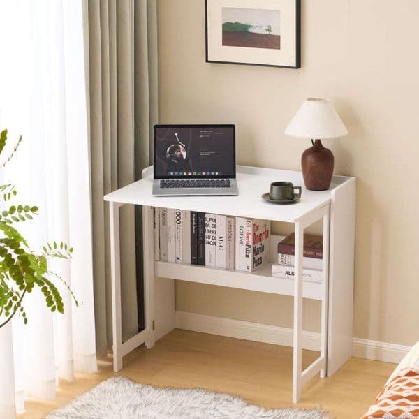 Folding Table with Storage Shelf,32.6 Inch Foldable Computer Small Spaces,Small Writing Desk for Bedroom Home Office Dorm and Apartment,White