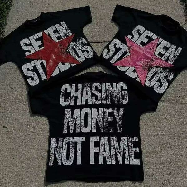 Vintage Chasing Money Not Fame T-Shirt Cropped Tees Co-ed Top Graphic T Shirts Men Clothing Black Casual Crew Neck Tee S26