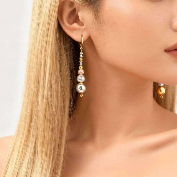Dainty Tri-Color Irregular Watermelon Bead Jewelry Set for Women Gold Plated Textured Multi-Tone Bracelet & Drop Earrings