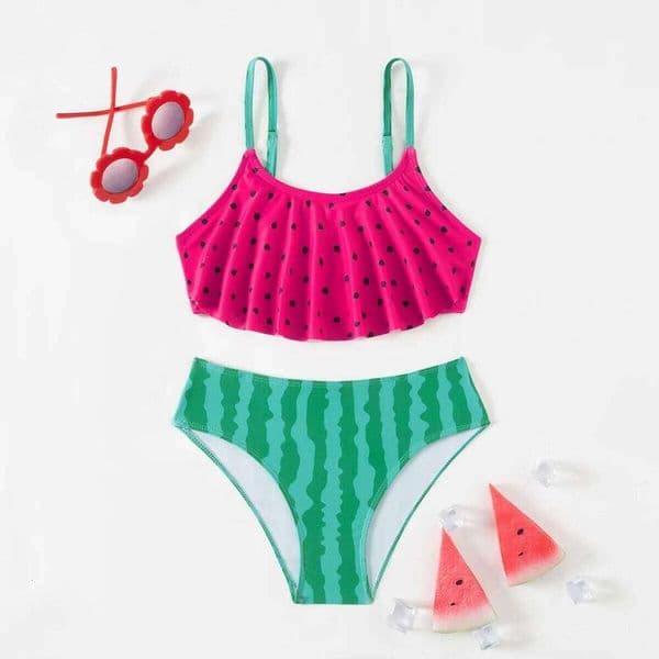 Ruffle Watermelon Print Swimwear Swimsuit Summer Beach Cute Girls Kids Bikini Set Outdoor Children Swimming Suit H260309
