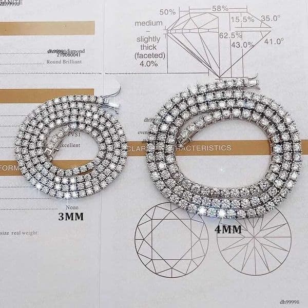 wholesale high quality sterling sier hip hop lab dia 3MM 4MM Moissanite necklace tennis chain
