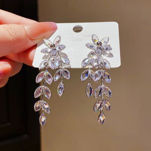 Earrings Silver Needle Luxury Zircon Flower Leaf Tassel Earrings, Minimalist Style Earrings, Unique And Sophisticated High-End Earrings